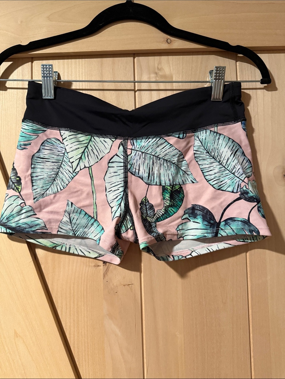 Womens Pink Tropical Print Bike Shorts with Black Waistband